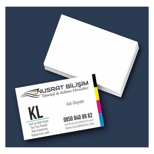 Kartvizit 350 gr Mat Kuşe Tek Yüz 4 Renk Mat Selefonlu Kabartma Laklı 8,3x5,1 cm 1.000 Adet