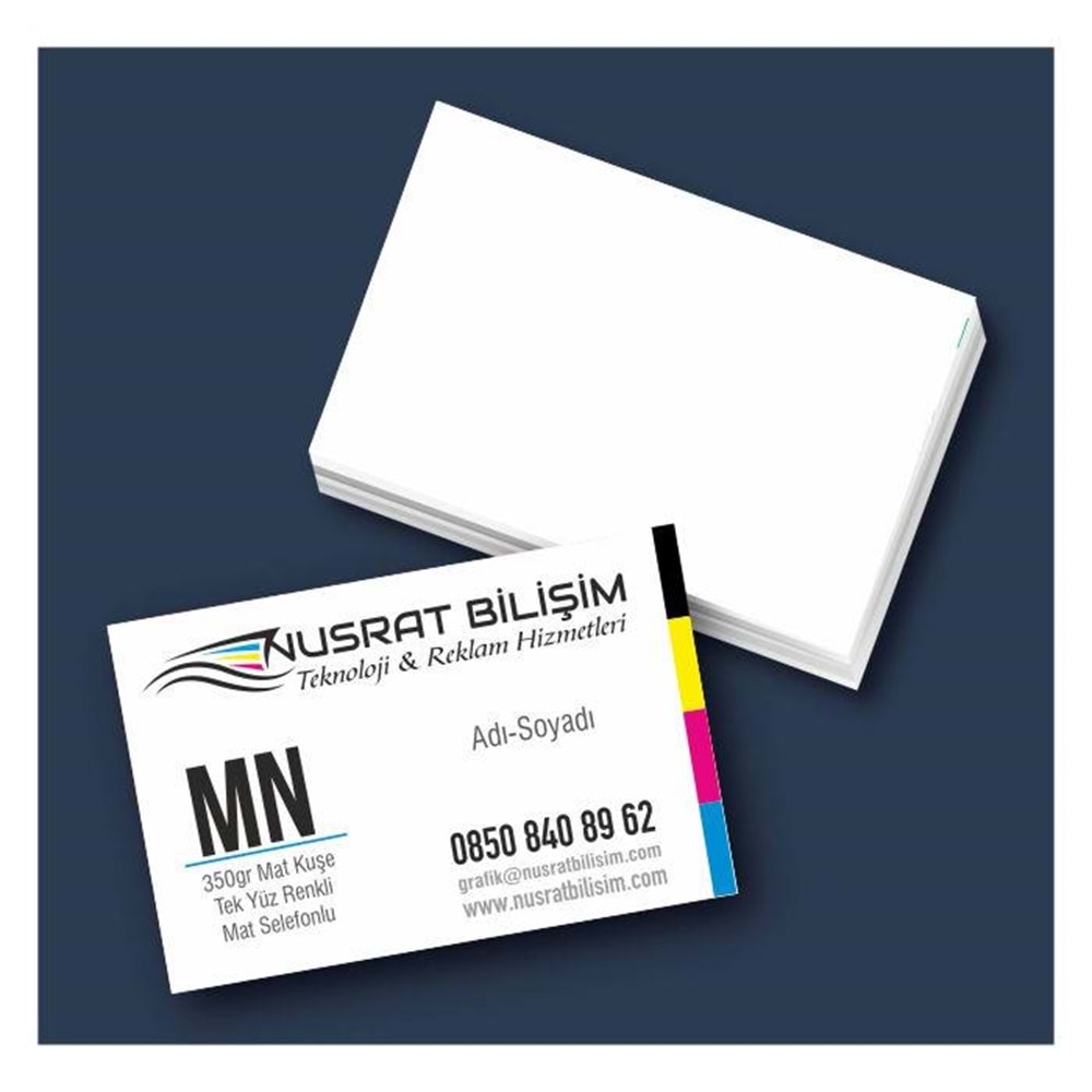 Kartvizit 350 gr Mat Kuşe Tek Yüz 4 Renk Mat Selefonlu 8,3x5,1 cm 1.000 Adet