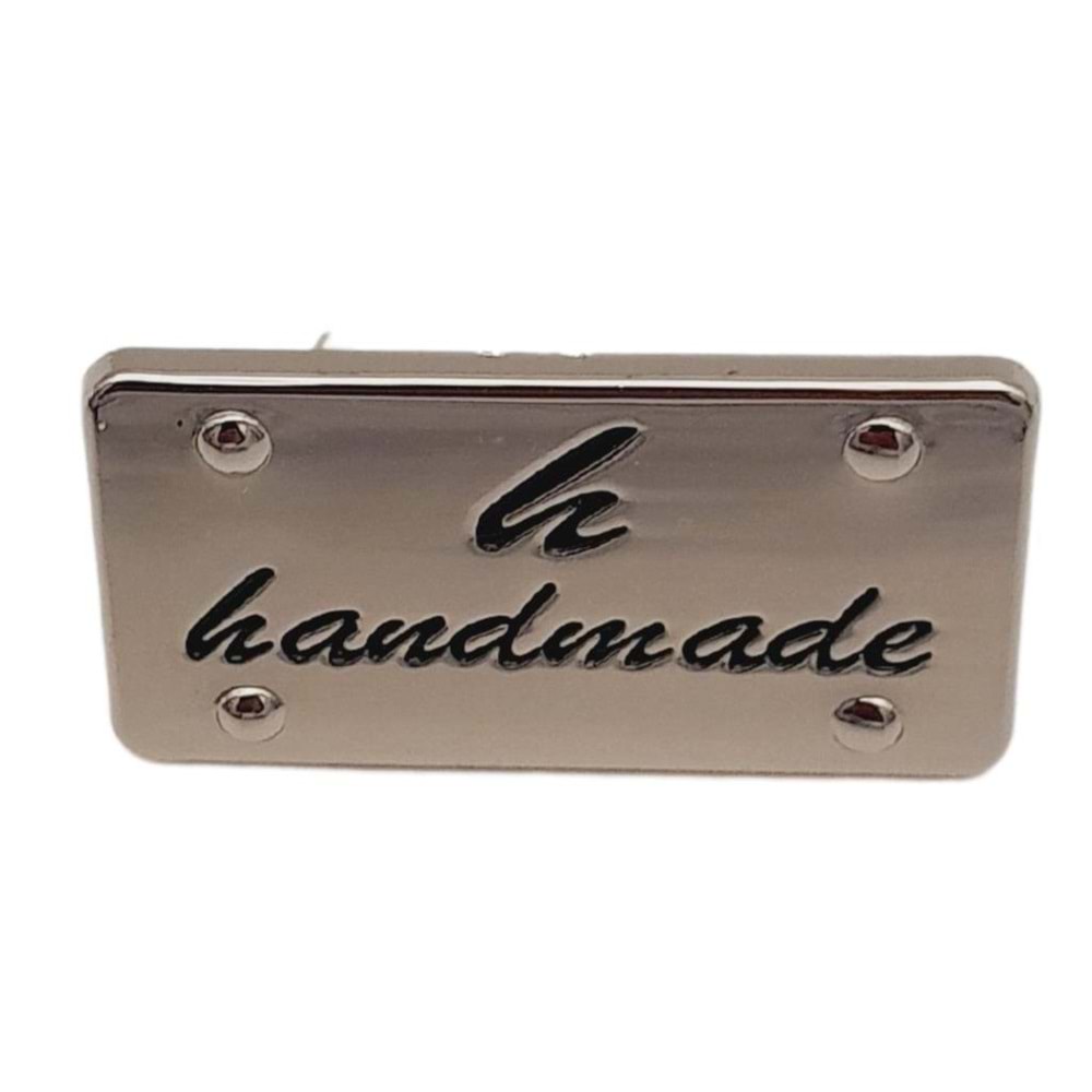 Çanta Aksesuar Handmade Yazılı Metal Etiket 3.7x2 cm Plaka Süs Gümüş Renk
