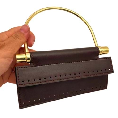 Çanta Aksesuar Suni Derili Metal Çanta Sapı İpek Model Koyu Kahve Renk Light Gold Metal (Yeni Model)