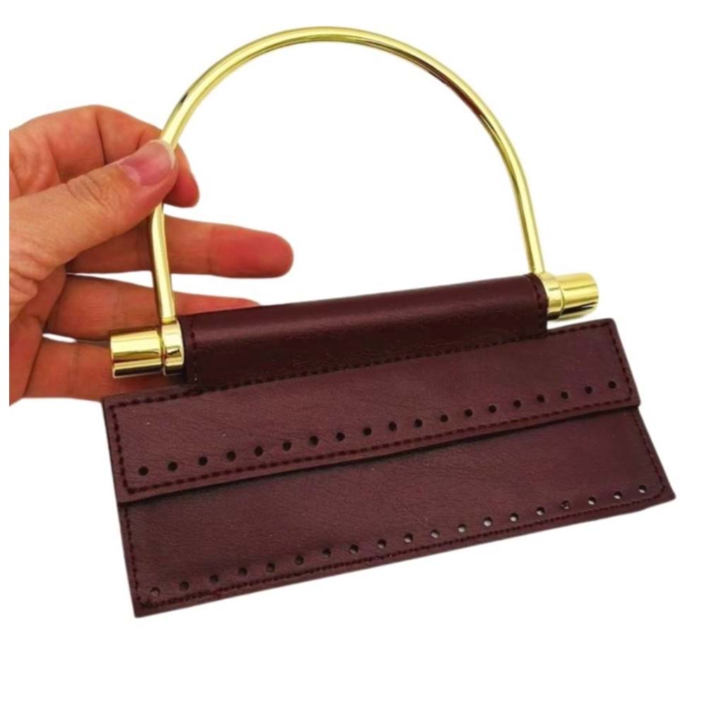 Çanta Aksesuar Suni Derili Metal Çanta Sapı İpek Model Bordo Renk Light Gold Metal (Yeni Model)