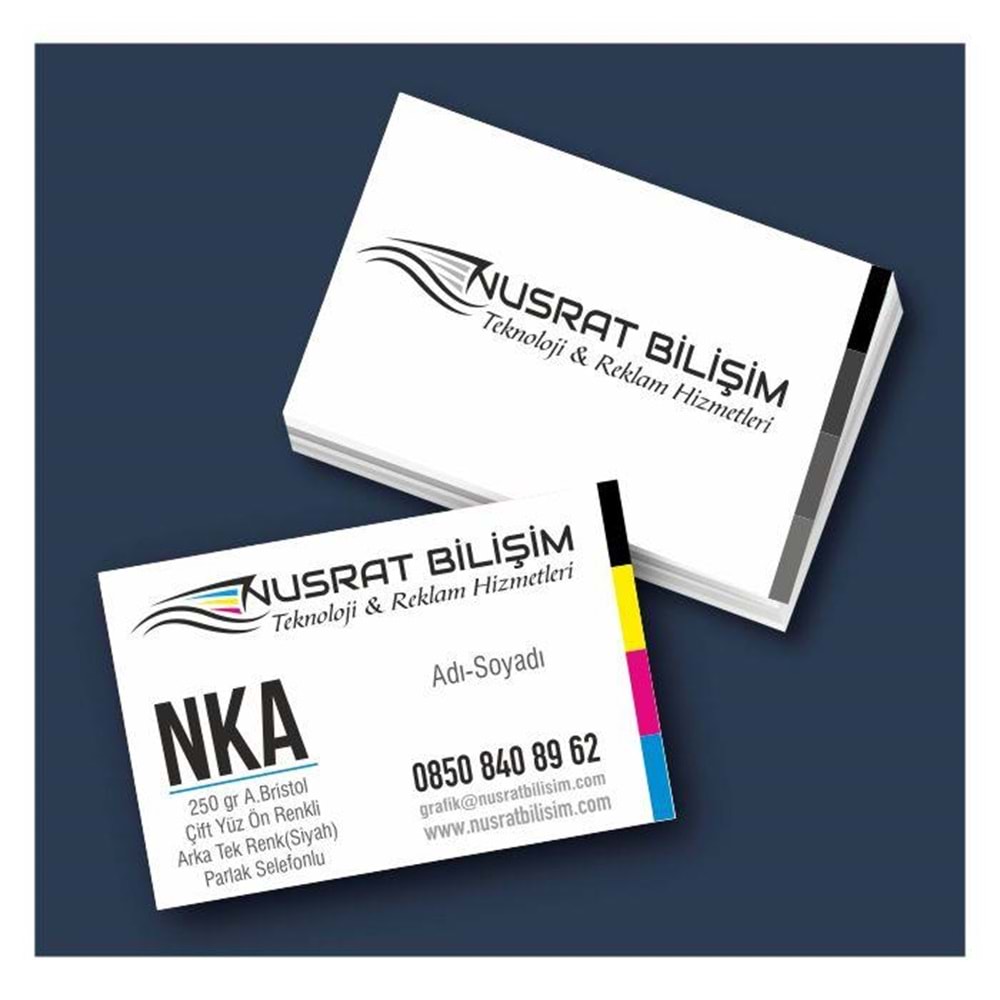 Kartvizit 250 gr Amarikan Bristol Çift Yüz Ön 4 Renk Arka Tek Renk(Siyah) P.Selefonlu 8,3x5,1 cm 1.000 Adet
