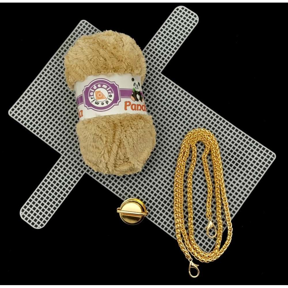 Çanta Aksesuar Kalın Örgü Zincir Panda Kürk İpli Çanta Seti Light Gold