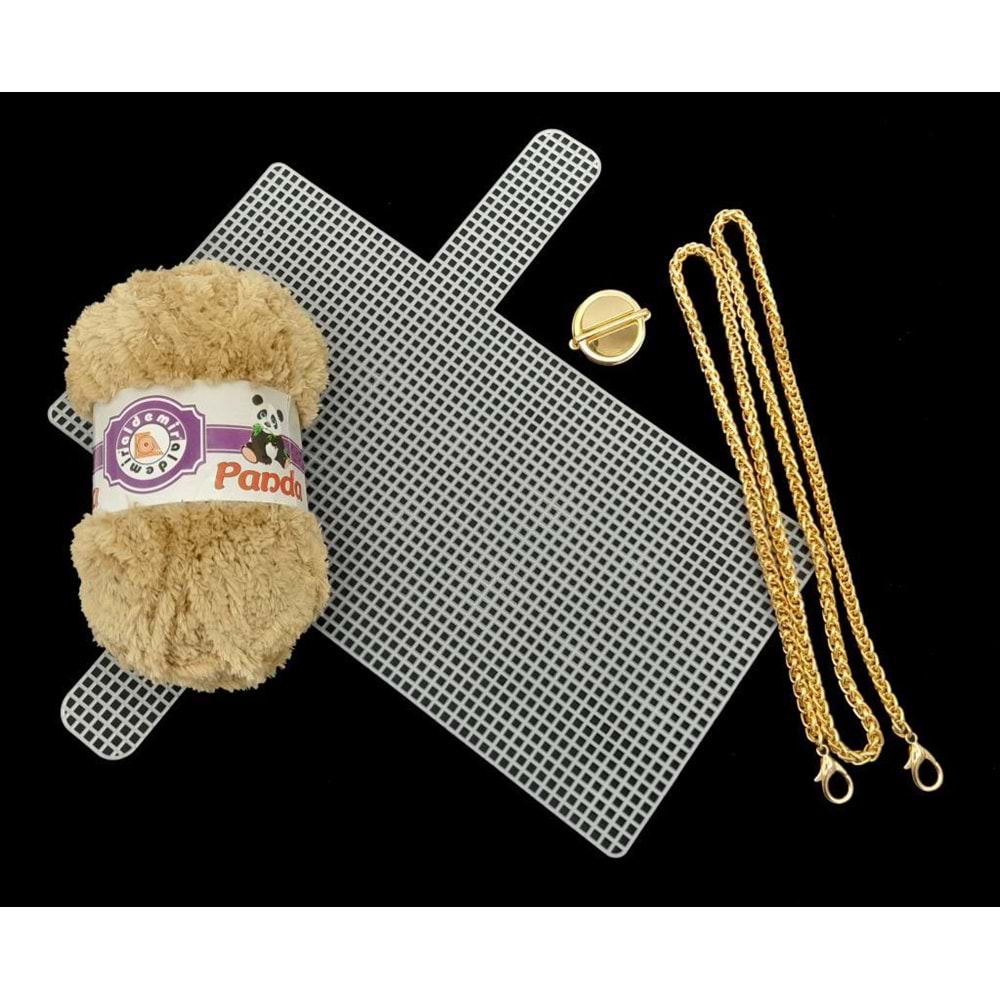 Çanta Aksesuar Kalın Örgü Zincir Panda Kürk İpli Çanta Seti Light Gold
