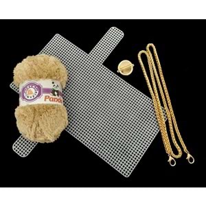 Çanta Aksesuar Kalın Örgü Zincir Panda Kürk İpli Çanta Seti Light Gold