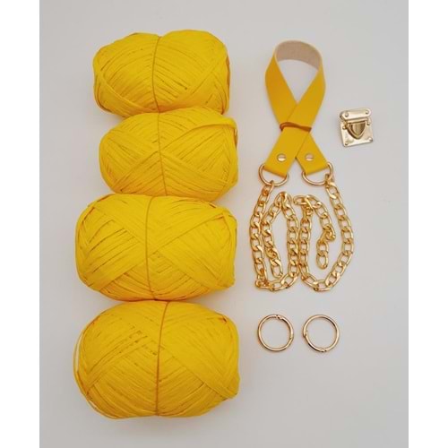 Çanta Aksesuar Rafya Ve Sarı Renk Zincirli Sap Çanta Seti