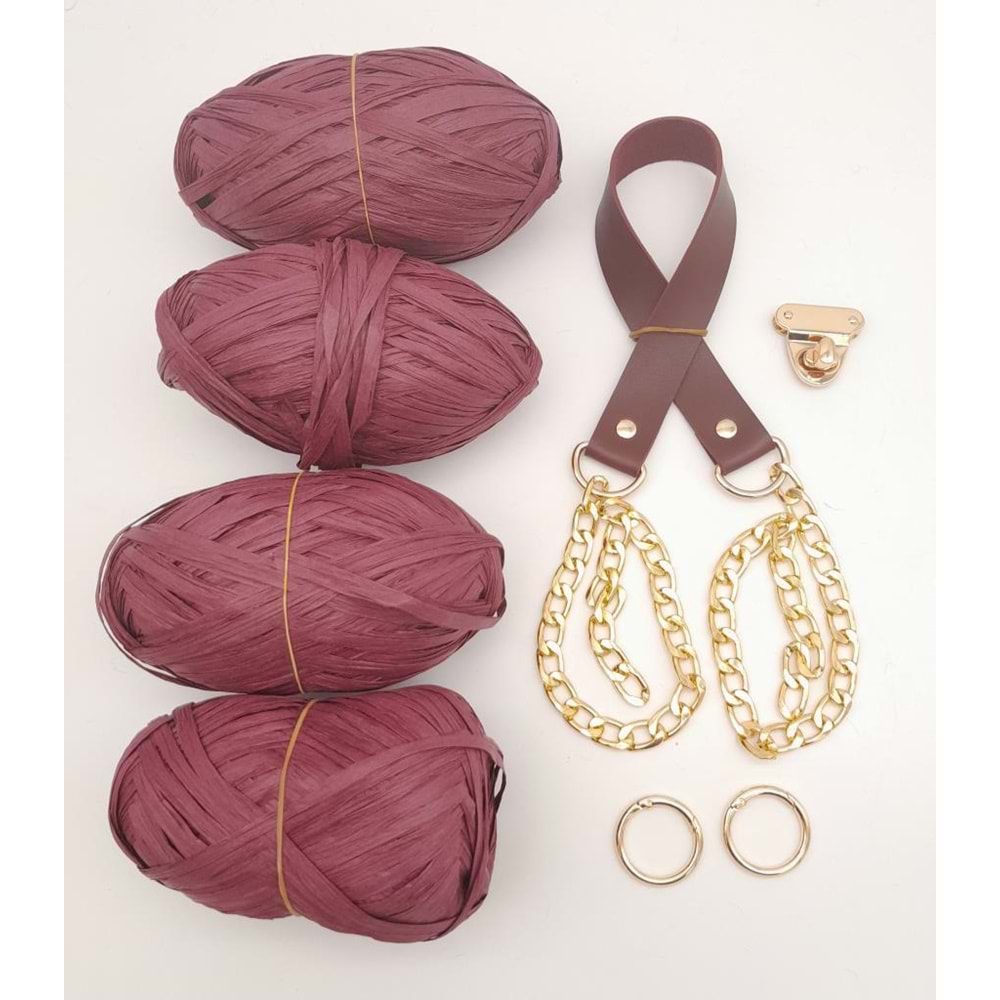 Çanta Aksesuar Rafya Ve Bordo Renk Zincirli Sap Çanta Seti