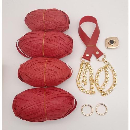 Çanta Aksesuar Rafya Ve Kırmızı Renk Zincirli Sap Çanta Seti