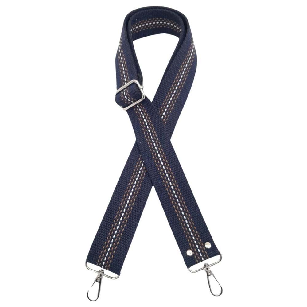 Çanta Aksesuar Pamuklu Kolon 120x4 cm Lacivert Renk Kahve Beyaz Çizgili Gümüş Metalli