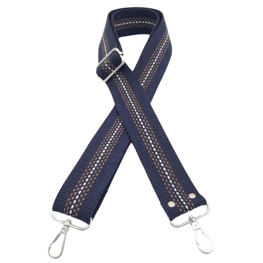 Çanta Aksesuar Pamuklu Kolon 120x4 cm Lacivert Renk Kahve Beyaz Çizgili Gümüş Metalli