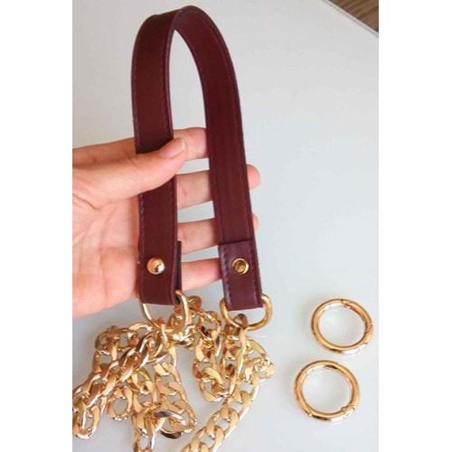 Çanta Aksesuar Suni Deri Dikişli Light Gold Zincirli Bordo Renk Çanta Sapı
