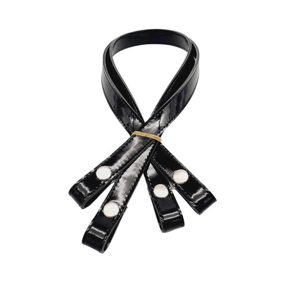 Çanta Aksesuar Rugan Deri Çift Kat Dikişli 70 cm Çıtçıtlı Çanta Sapı Siyah Renk Gümüş Metalli