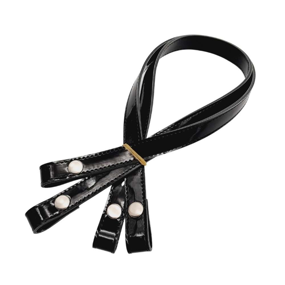 Çanta Aksesuar Rugan Deri Çift Kat Dikişli 70 cm Çıtçıtlı Çanta Sapı Siyah Renk Gümüş Metalli