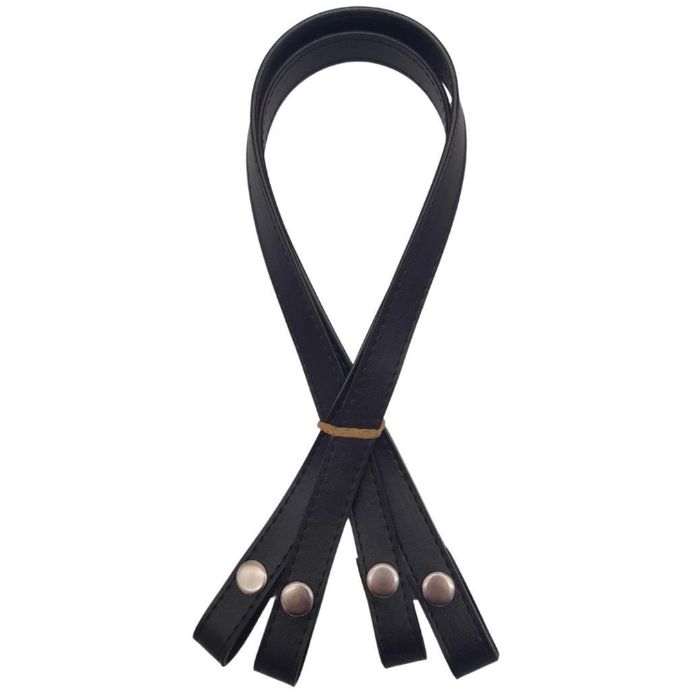 Çanta Aksesuar Çift Kat Dikişli Suni Deri Siyah Renk Çıtçıtlı Çanta Sapı 70 cm Gümüş Metalli