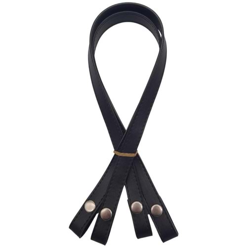 Çanta Aksesuar Çift Kat Dikişli Suni Deri Siyah Renk Çıtçıtlı Çanta Sapı 70 cm Gümüş Metalli