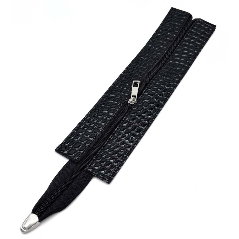 Çanta Aksesuar Rugan Croco Siyah Renk 28 Cm Derili Fermuar Gümüş Metalli