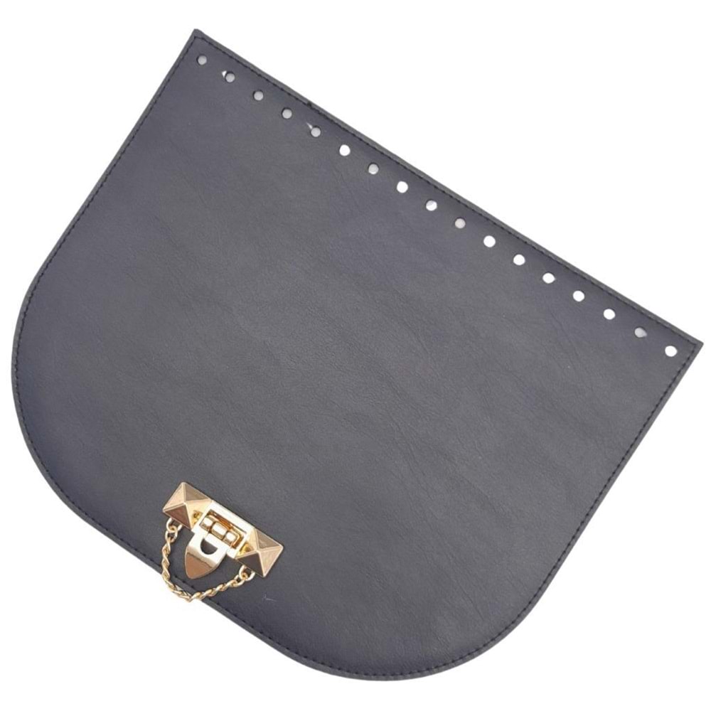 Çanta Aksesuar 24x19 cm Suni Deri Lacivert Renk Zincirli Kilitli Kapak Light Gold Metalli