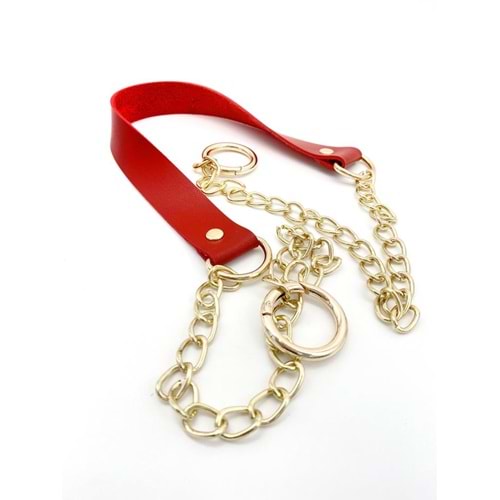 Çanta Aksesuar Tek Kat Suni Deri Kırmızı Renk İnce Zincirli Sap Light Gold Metal