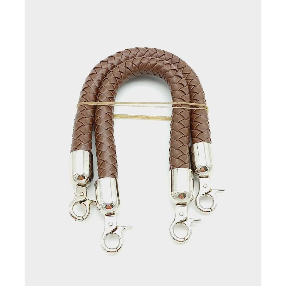 Çanta Aksesuar Kahverengi Kısa Örme Çanta Sapı Gümüş Metal