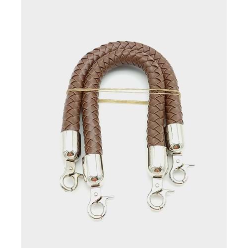 Çanta Aksesuar Kahverengi Kısa Örme Çanta Sapı Gümüş Metal