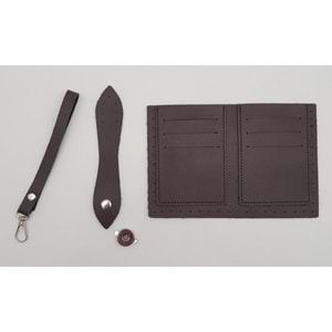 Çanta Aksesuar Kartlıklı Cüzdan İçi Deri Seti Koyu Kahverengi Gümüş Metalli