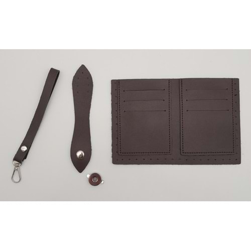 Çanta Aksesuar Kartlıklı Cüzdan İçi Deri Seti Koyu Kahverengi Gümüş Metalli