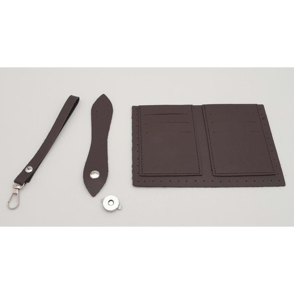 Çanta Aksesuar Kartlıklı Cüzdan İçi Deri Seti Koyu Kahverengi Gümüş Metalli