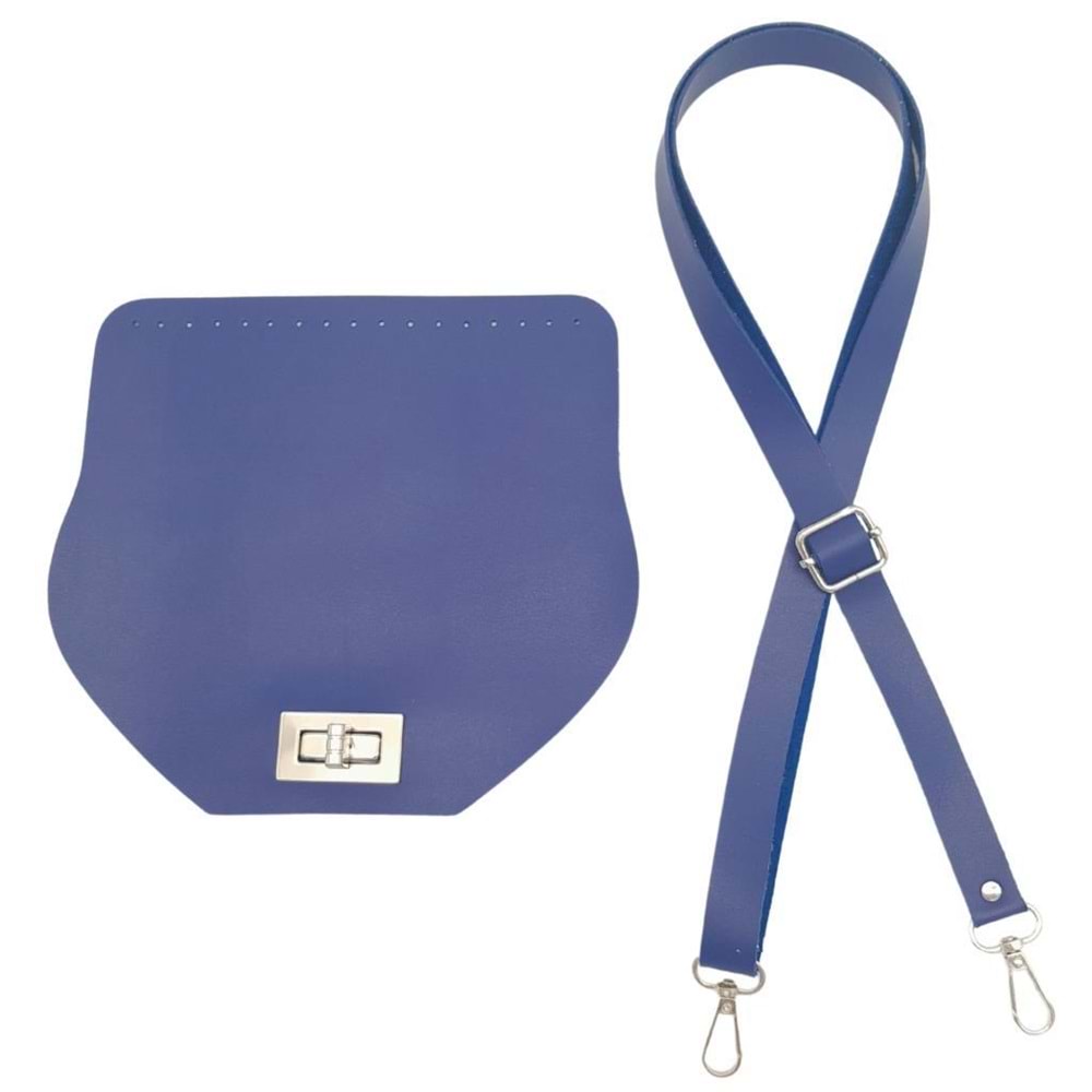 Çanta Aksesuar Suni Deri 21x19 cm Kapaklı ve Ayarlı Saplı Çanta Seti Mavi Renk Gümüş Metalli