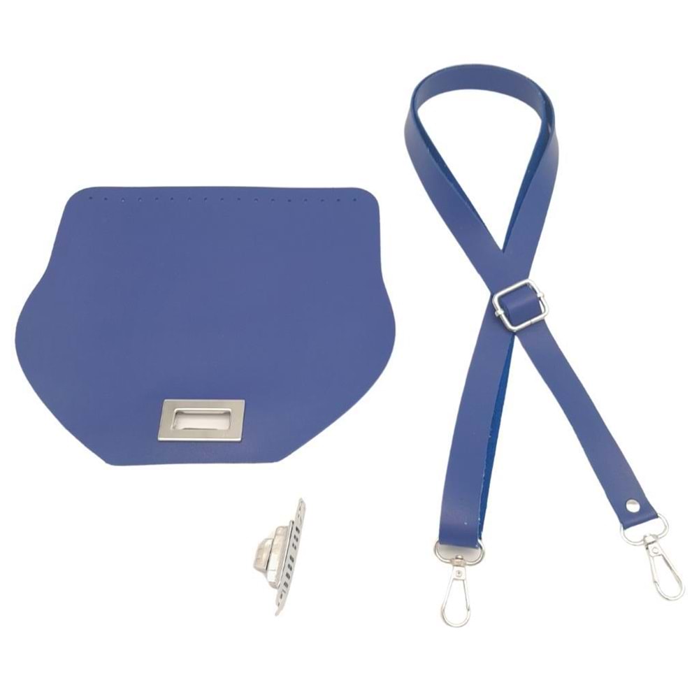 Çanta Aksesuar Suni Deri 21x19 cm Kapaklı ve Ayarlı Saplı Çanta Seti Mavi Renk Gümüş Metalli