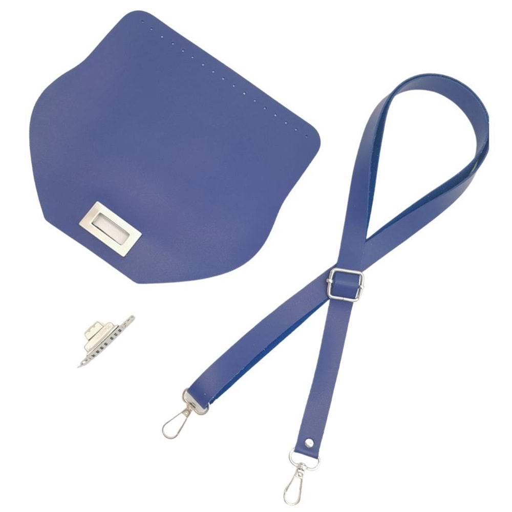 Çanta Aksesuar Suni Deri 21x19 cm Kapaklı ve Ayarlı Saplı Çanta Seti Mavi Renk Gümüş Metalli