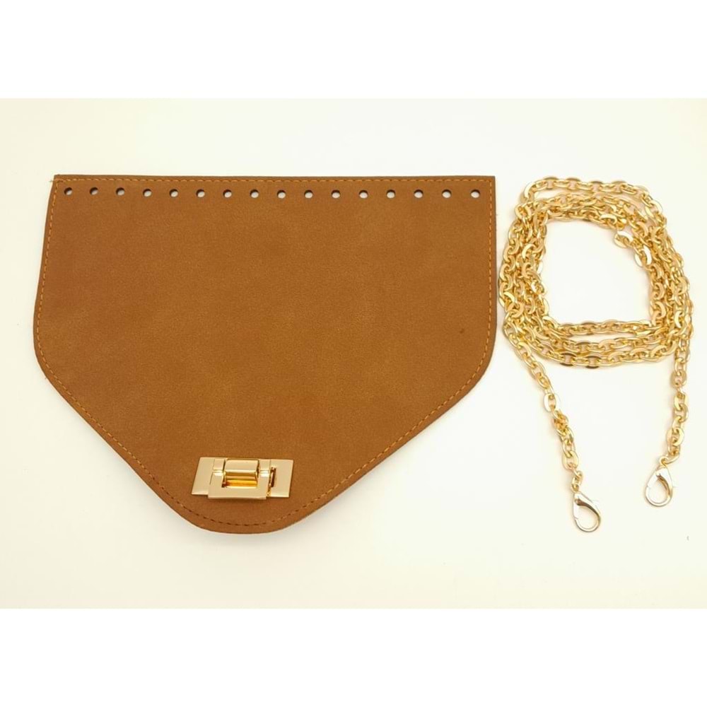 Çanta Aksesuar Taba Renk Nubuk Süet 22.5x17 cm Kapaklı 120 cm Zincirli Çanta Seti