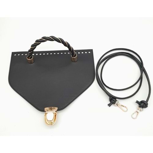 Çanta Aksesuar Siyah Suni Deri 22.5x17 cm Kapaklı 120 cm Saplı Çanta Seti Light Gold Metalli