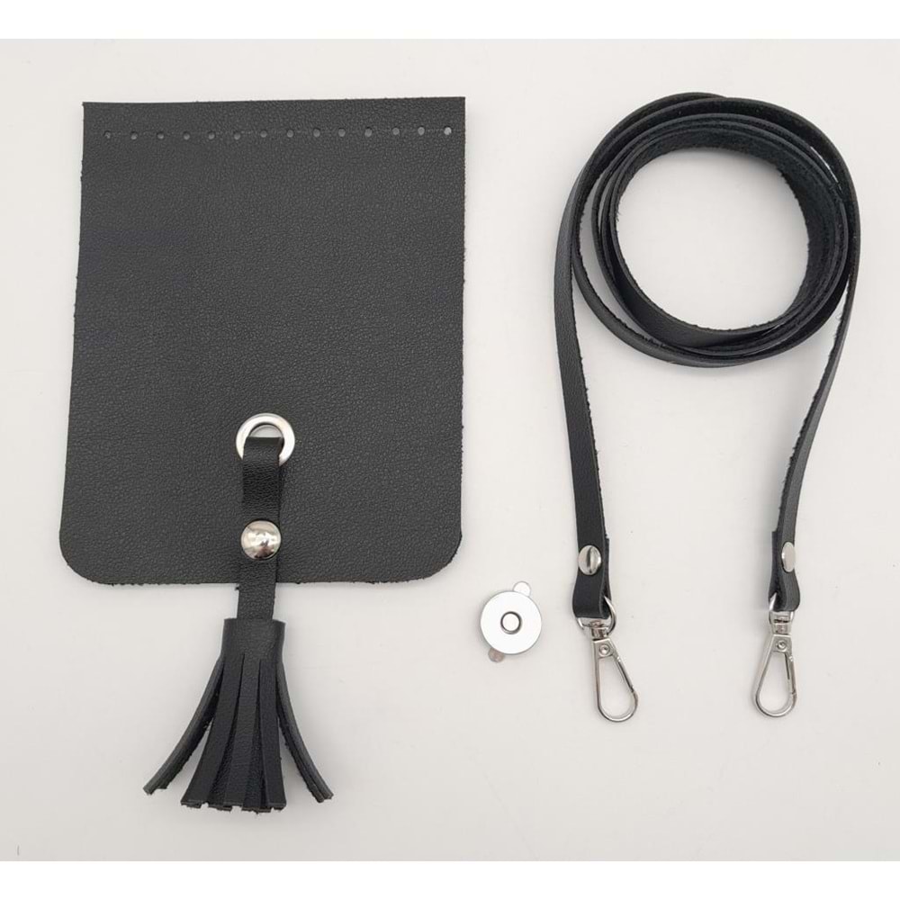 Çanta Aksesuar Siyah Suni Deri Püskül Kapaklı Cep Telefonu Mini Bag Çanta Seti Gümüş Metal