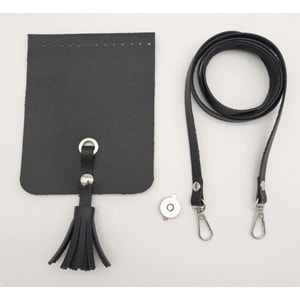 Çanta Aksesuar Siyah Suni Deri Püskül Kapaklı Cep Telefonu Mini Bag Çanta Seti Gümüş Metal