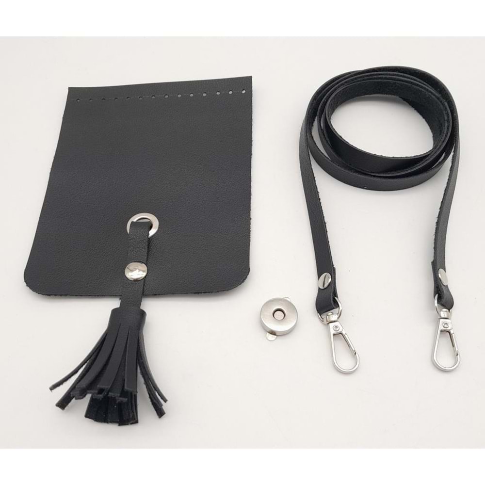 Çanta Aksesuar Siyah Suni Deri Püskül Kapaklı Cep Telefonu Mini Bag Çanta Seti Gümüş Metal