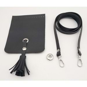 Çanta Aksesuar Siyah Suni Deri Püskül Kapaklı Cep Telefonu Mini Bag Çanta Seti Gümüş Metal