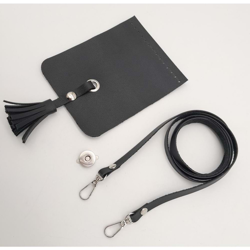 Çanta Aksesuar Siyah Suni Deri Püskül Kapaklı Cep Telefonu Mini Bag Çanta Seti Gümüş Metal
