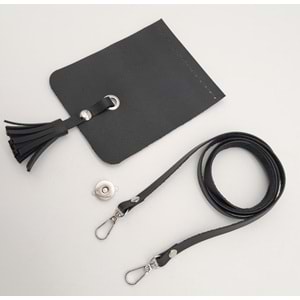 Çanta Aksesuar Siyah Suni Deri Püskül Kapaklı Cep Telefonu Mini Bag Çanta Seti Gümüş Metal
