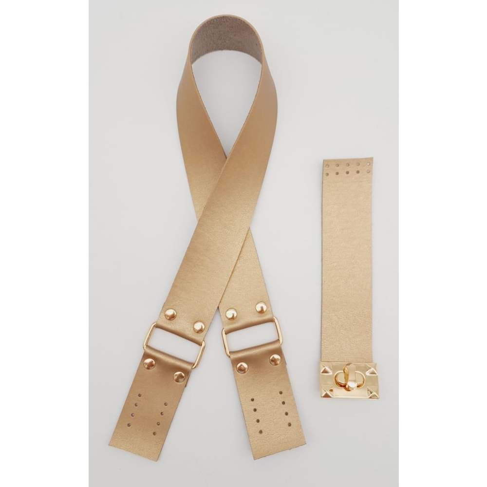 Çanta Aksesuar 70x4 cm Suni Deri Çanta Saplı Kapaklı Gold Renk Çanta Seti Light Gold Metalli