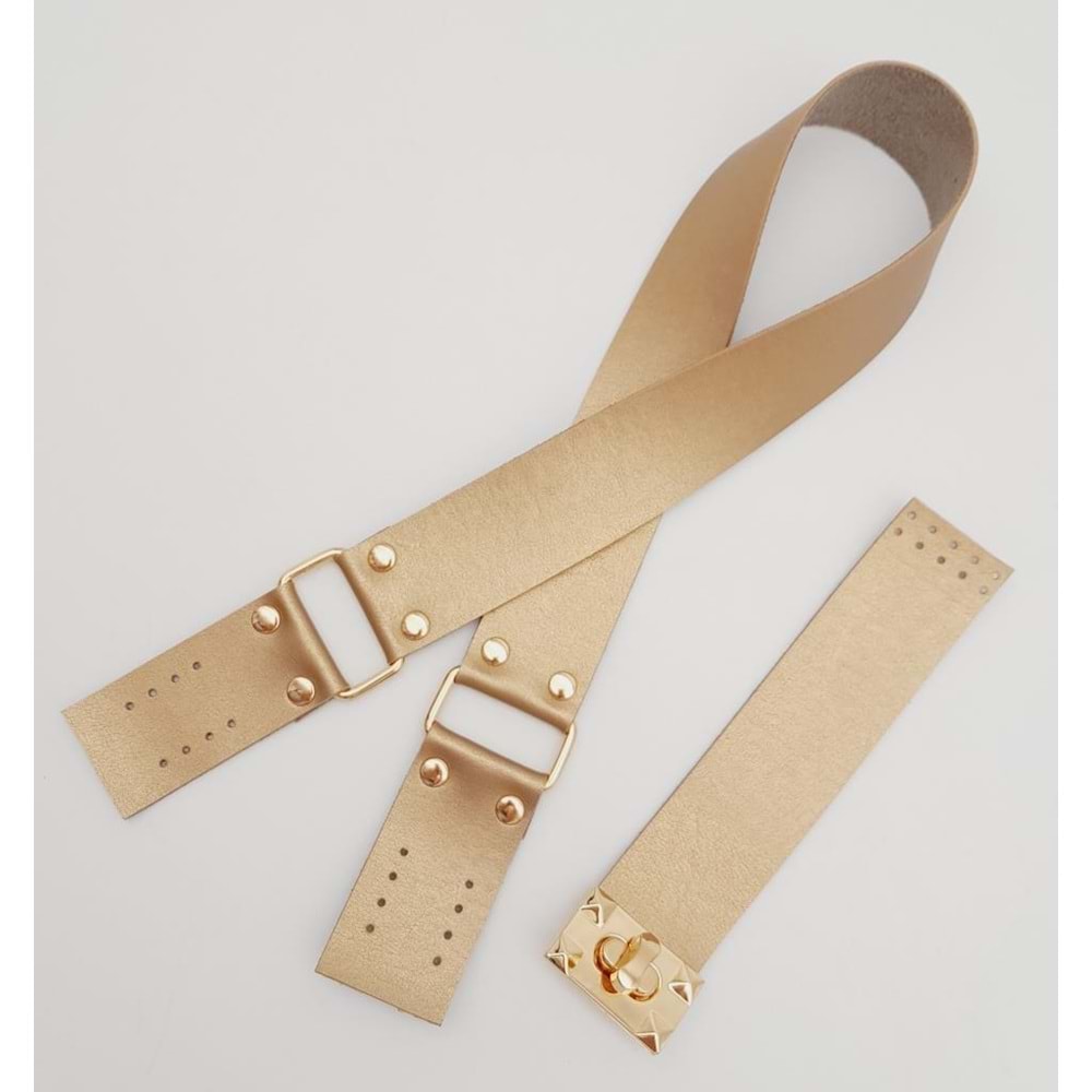 Çanta Aksesuar 70x4 cm Suni Deri Çanta Saplı Kapaklı Gold Renk Çanta Seti Light Gold Metalli