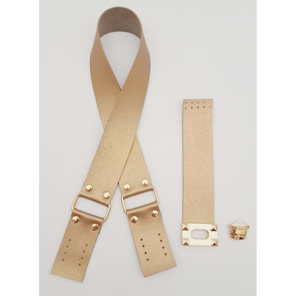 Çanta Aksesuar 70x4 cm Suni Deri Çanta Saplı Kapaklı Gold Renk Çanta Seti Light Gold Metalli