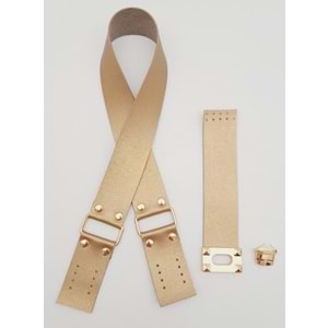 Çanta Aksesuar 70x4 cm Suni Deri Çanta Saplı Kapaklı Gold Renk Çanta Seti Light Gold Metalli