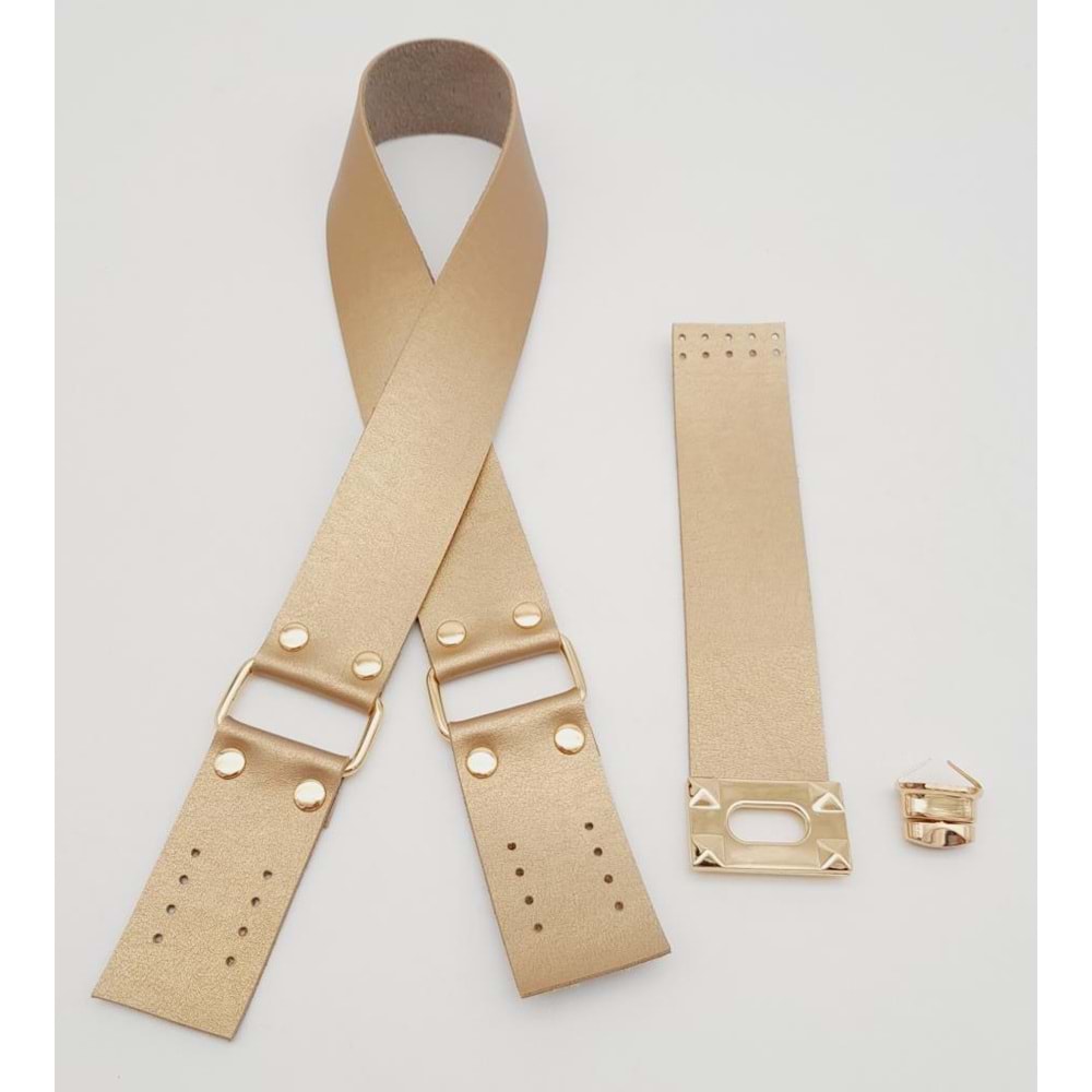 Çanta Aksesuar 70x4 cm Suni Deri Çanta Saplı Kapaklı Gold Renk Çanta Seti Light Gold Metalli