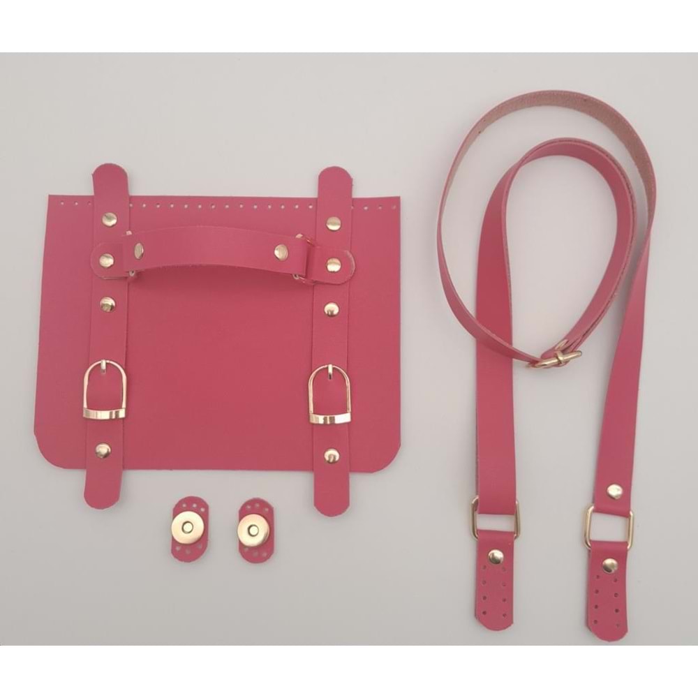 Çanta Aksesuar Suni Deri Çift Tokalı Ayarlı Saplı Fuşya Renk Çanta Deri Seti Light Gold Metalli