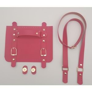 Çanta Aksesuar Suni Deri Çift Tokalı Ayarlı Saplı Fuşya Renk Çanta Deri Seti Light Gold Metalli