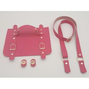Çanta Aksesuar Suni Deri Çift Tokalı Ayarlı Saplı Fuşya Renk Çanta Deri Seti Light Gold Metalli