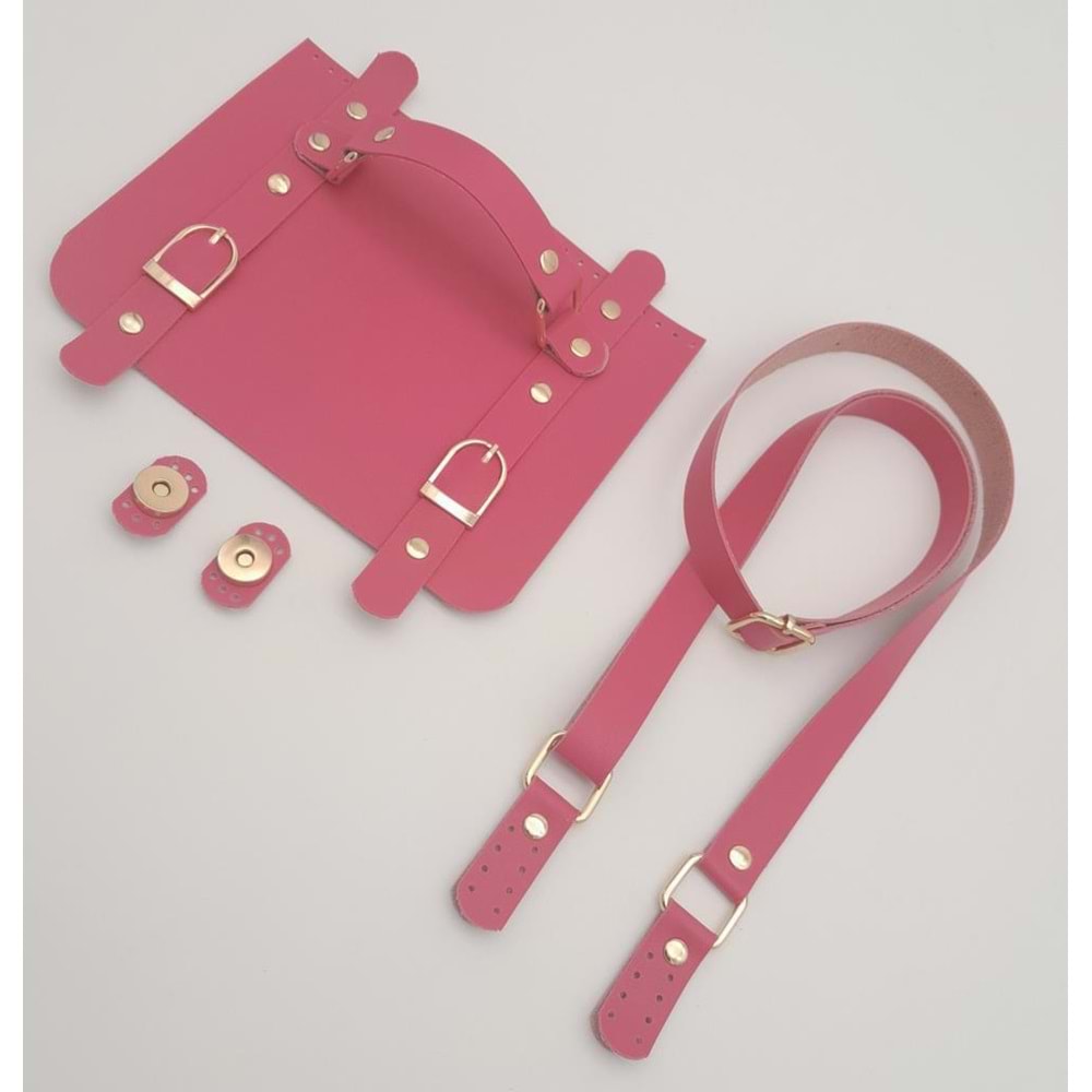 Çanta Aksesuar Suni Deri Çift Tokalı Ayarlı Saplı Fuşya Renk Çanta Deri Seti Light Gold Metalli