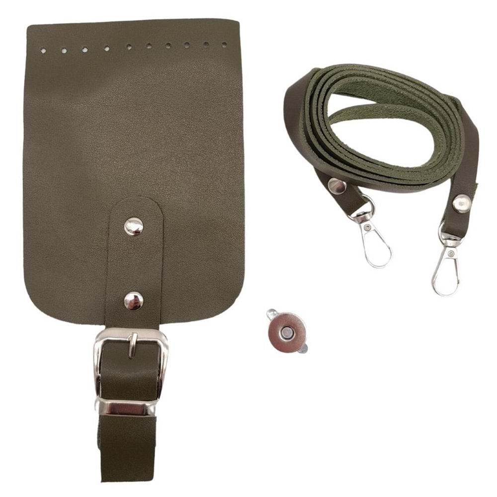 Çanta Aksesuar Tokalı Kapak Aparatlı Suni Deri Çanta Seti Haki Renk