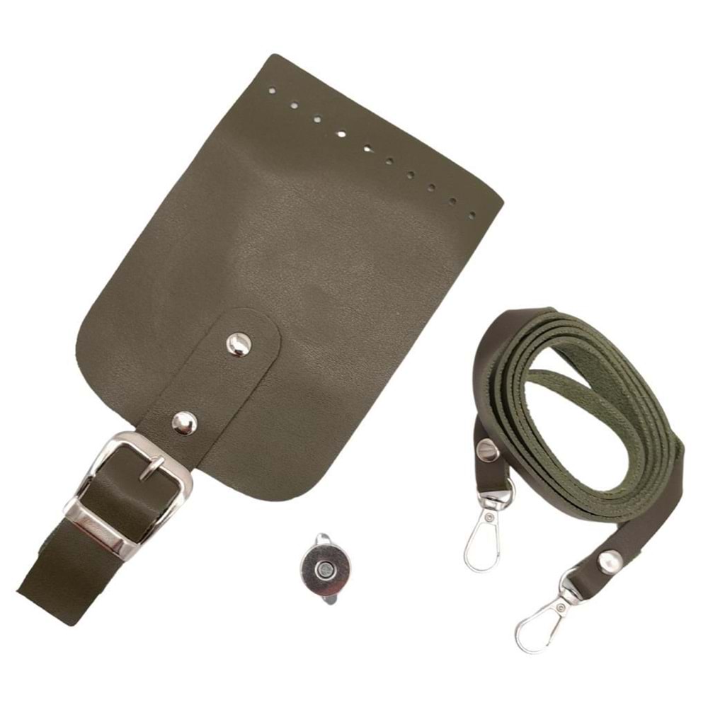 Çanta Aksesuar Tokalı Kapak Aparatlı Suni Deri Çanta Seti Haki Renk