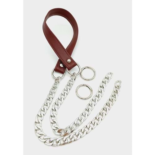 Çanta Aksesuar Suni Deri Dikişli Gümüş Zincirli Bordo Renk Çanta Sapı